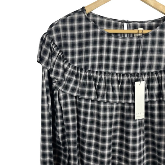 NWT La Vie Rebecca Taylor Plaid Ruffle Blouse in Black/White Size M - Picture 8 of 14